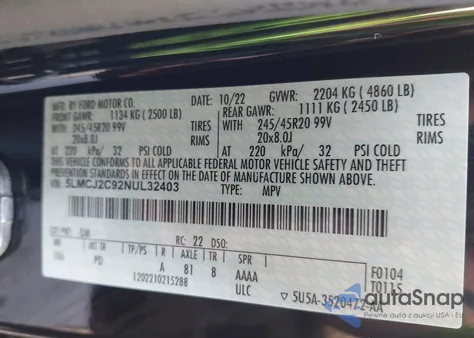 2022 Lincoln Corsair Reserve z USA, uszkodzony, nr VIN 5LMCJ2C92NUL32403